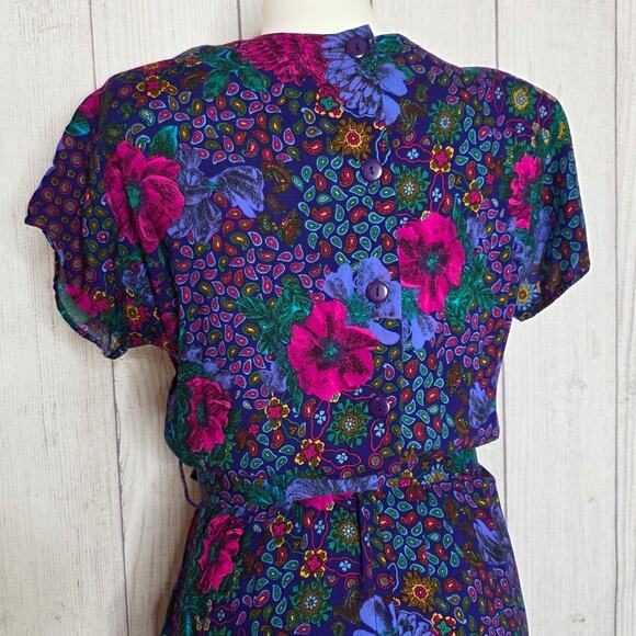 VTG 90s Ms. Choice Floral Midi Dress | Bold Jewel Tone Button Back Cottagecore G - Picture 5 of 6